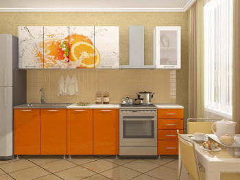 Кухонный гарнитур 2,0м Апельсин (Белый/Оранжевый металлик/Фотопечать апельсин) в Толмачёво - tolmachyovo.mebel54.com | фото